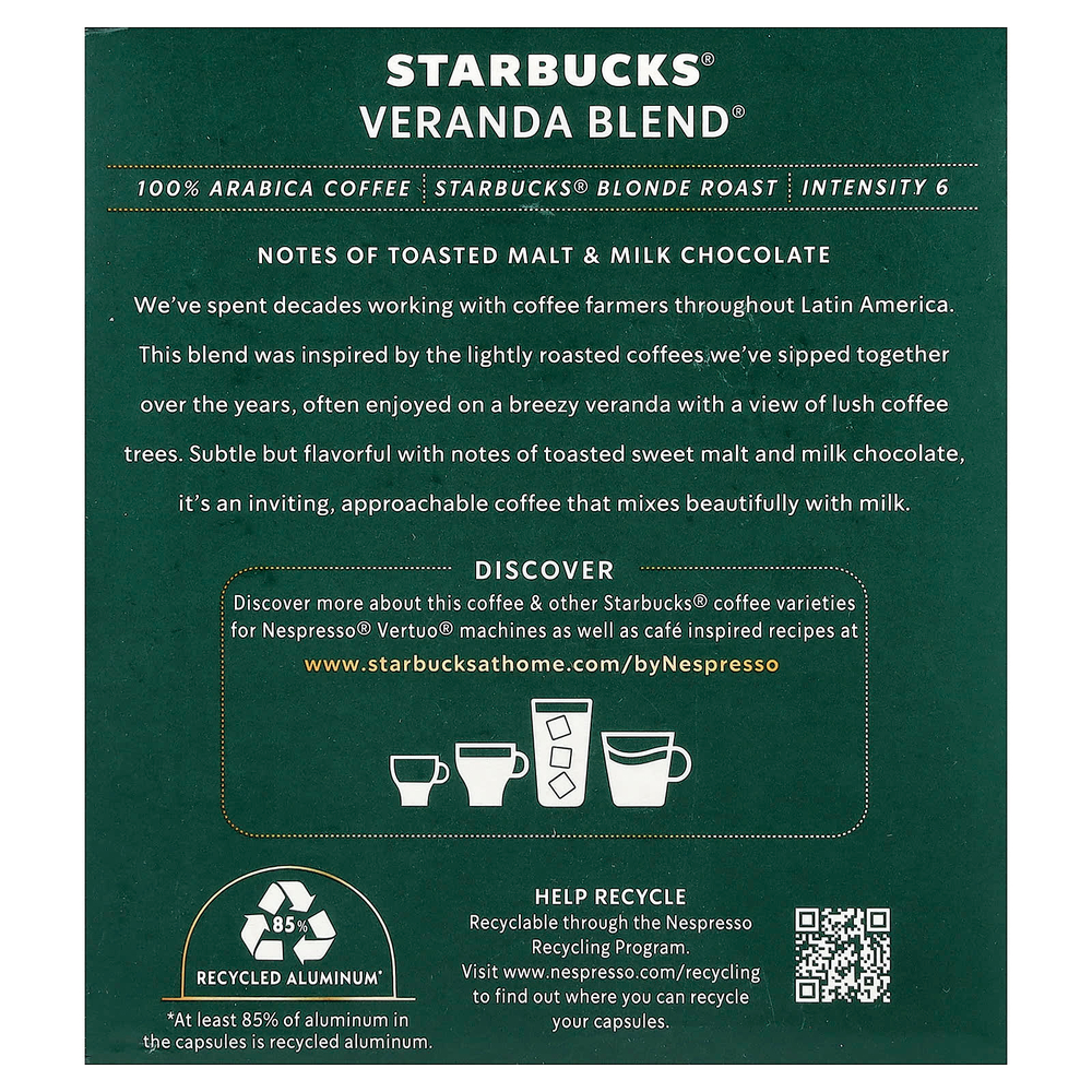 Starbucks, Nespresso®, Veranda Blend®, молотый, светлая обжарка, 8 алюминиевых капсул, 100 г (3,52 унции)