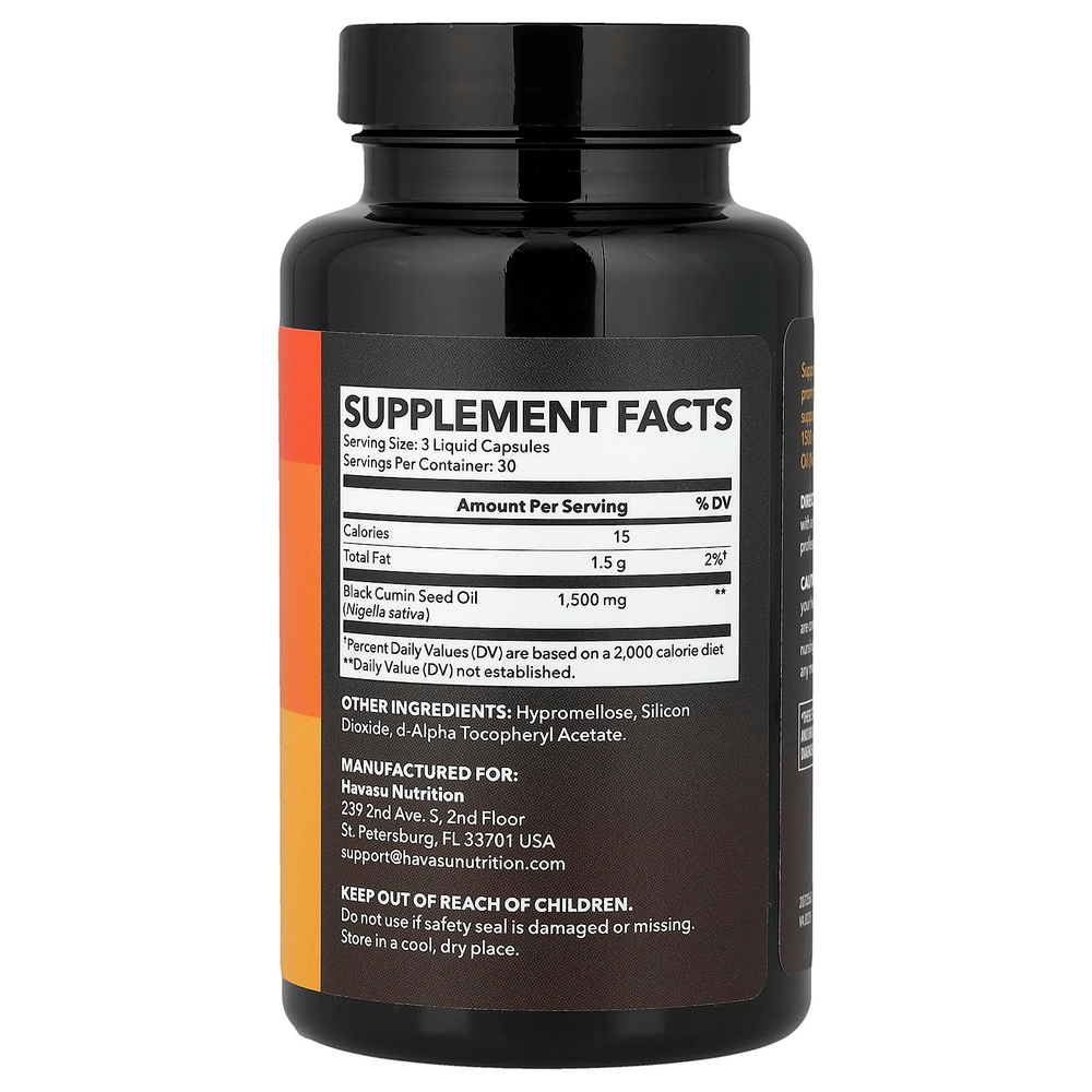 Havasu Nutrition, масло из семян черного тмина, масло холодного отжима, 90 капсул с жидкостью (500 мг в 1 капсуле)