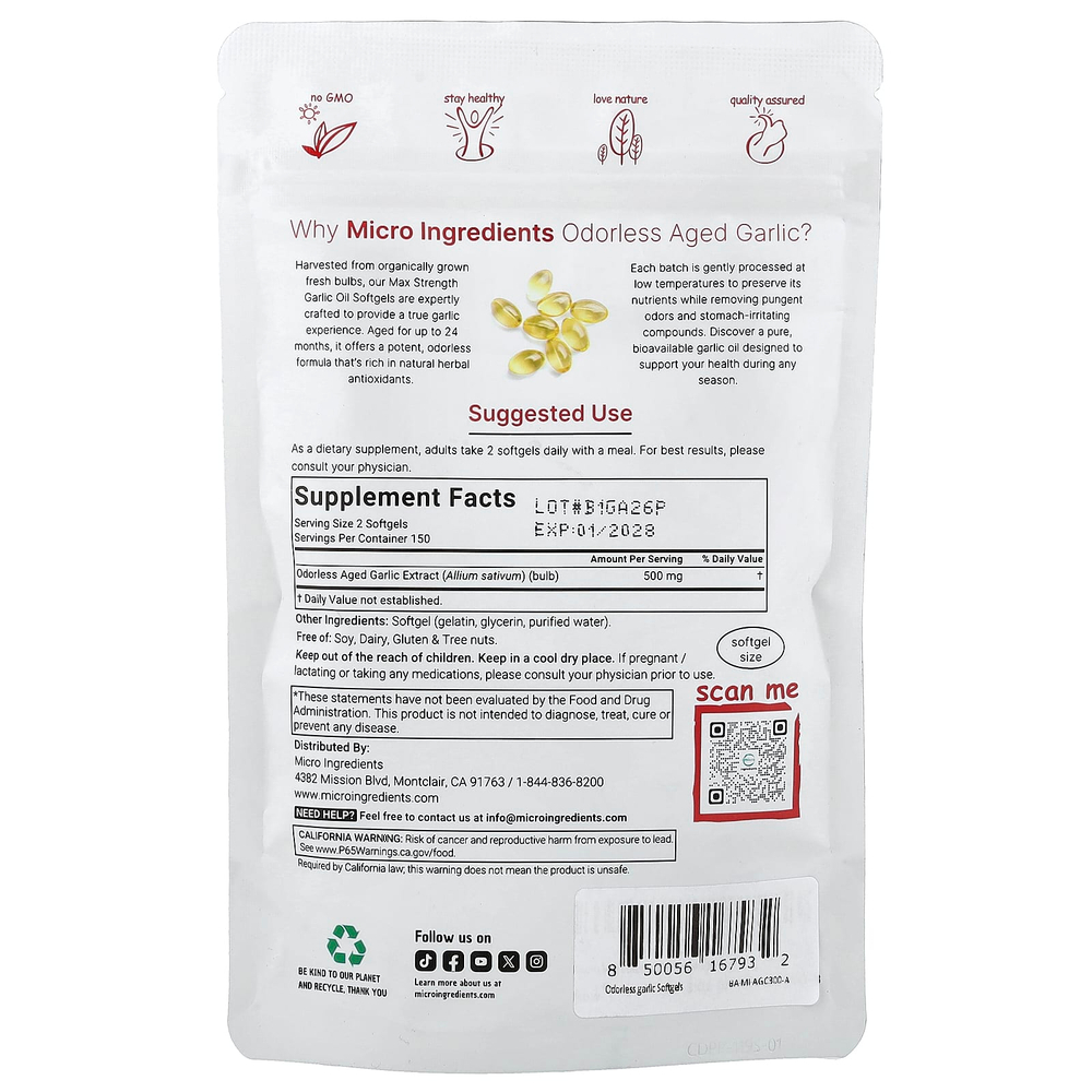 Micro Ingredients, выдержанный экстракт чеснока без запаха, 300 капсул (250 мг в 1 капсуле)