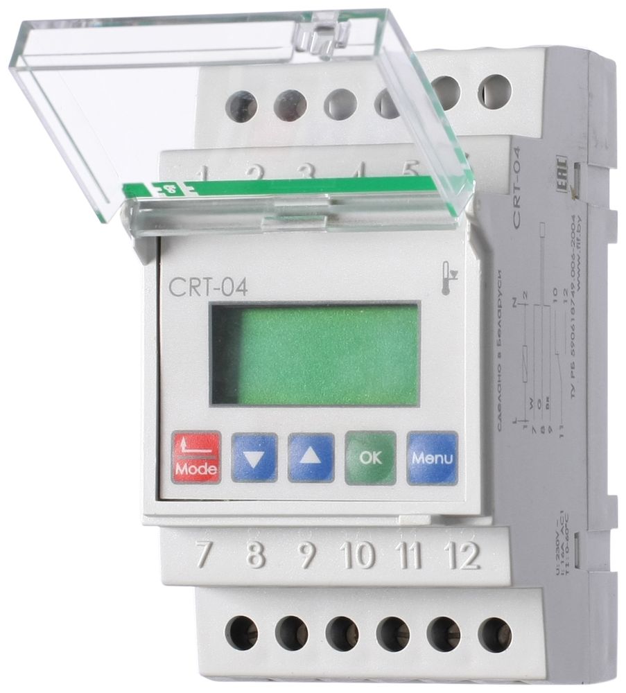 Реле контроля температуры CRT-04 230В AC 16А 1P IP20 (от 0 до +60 град.C; микропроцессорный; многофункц.; ЖКИ индикация; с выносным датчиком в комплекте)