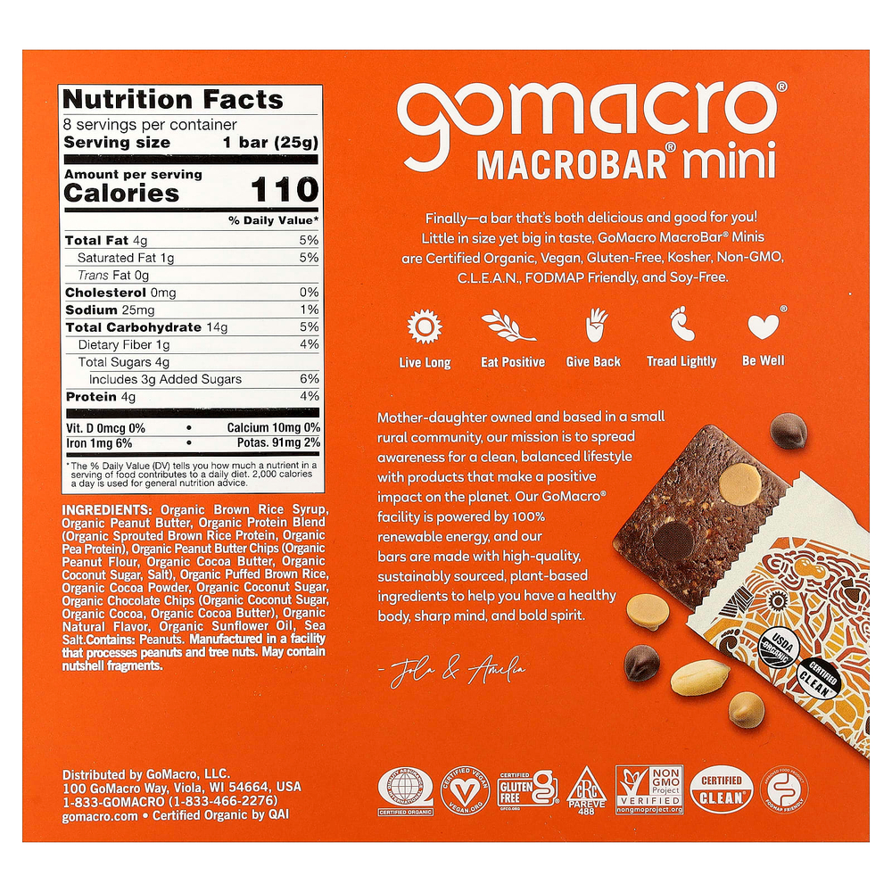 GoMacro, MacroBar® мини, двойной шоколад и чипсы с арахисовой пастой, 8 батончиков по 25 г (0,9 унции)