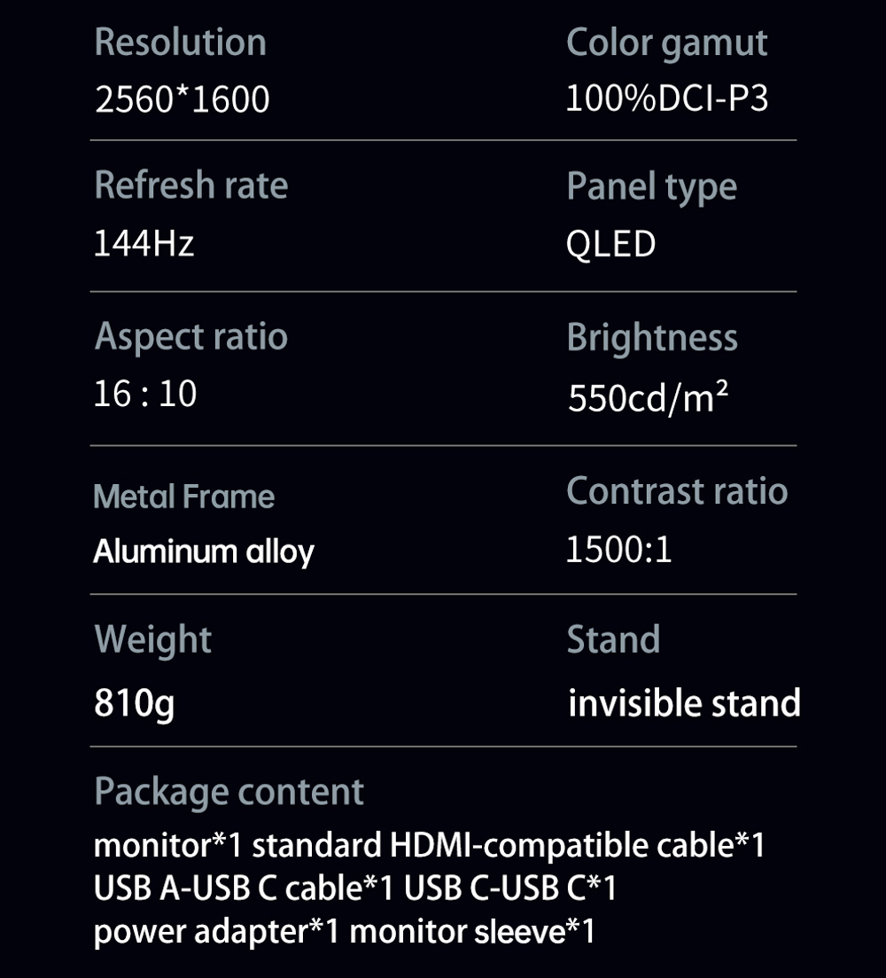 16" Портативный монитор VCHANCE 2.5K IPS 2560x1600, 144 Гц