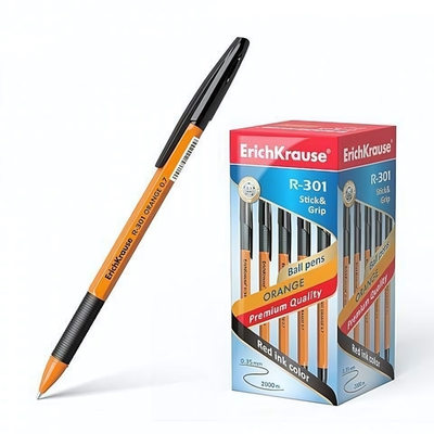 Ручка шариковая 0,7 мм, черная "R-301 Orange Stick&Grip" (ErichKrause)