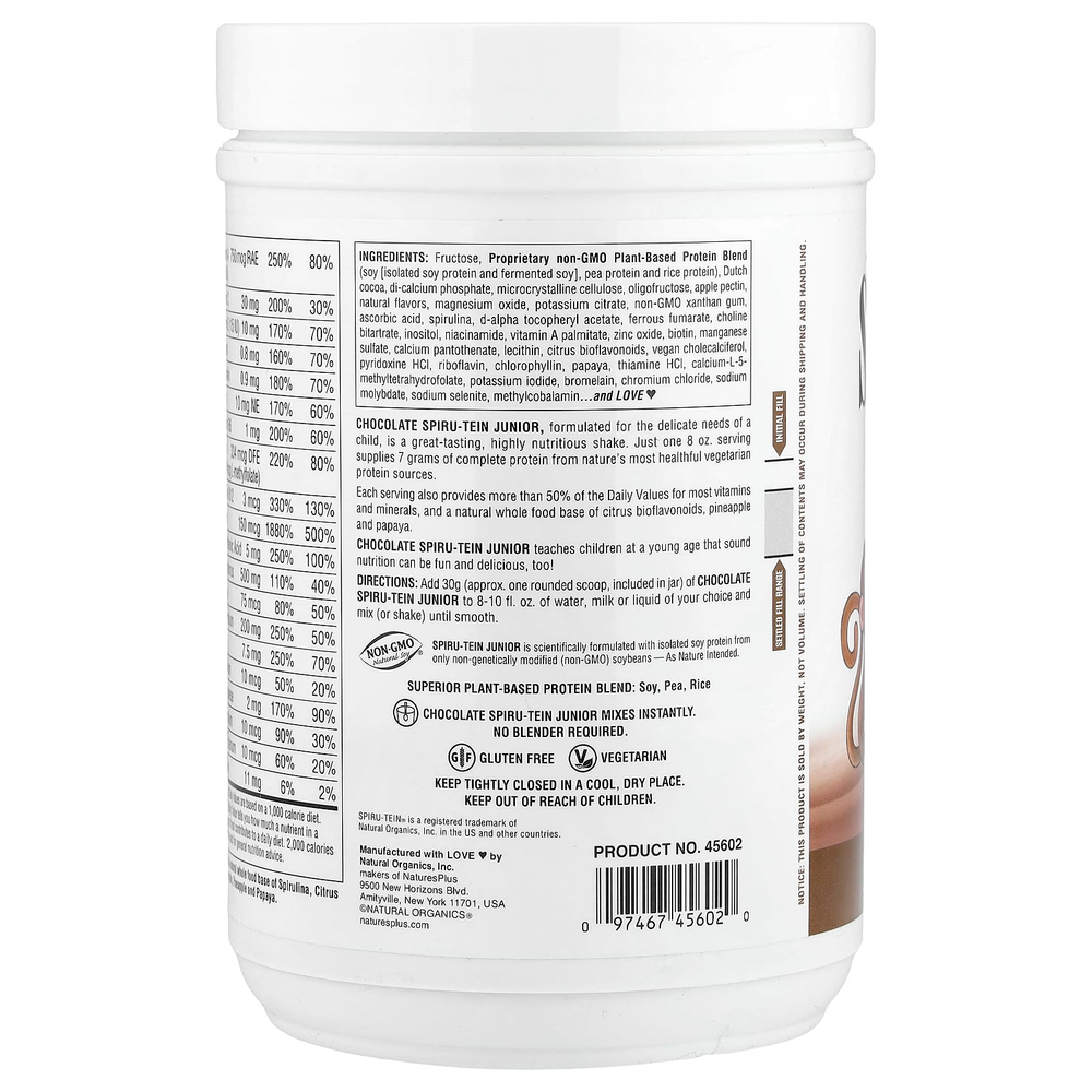 NaturesPlus, Spiru-Tein® Junior, питательная смесь для коктейля для детей, со вкусом шоколада, 450 г (1 фунт)