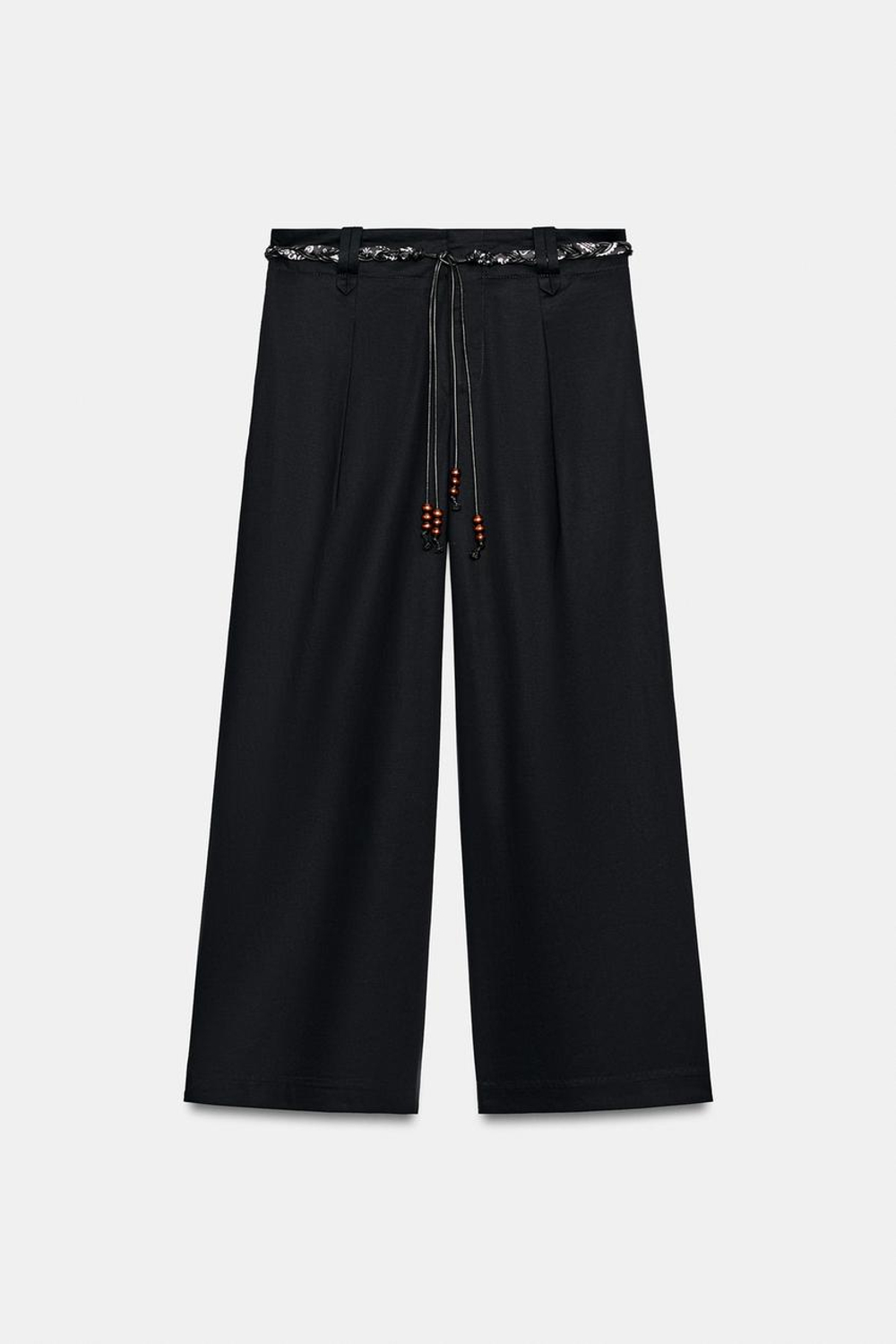 ZARA БРЮКИ ИЗ ПОПЛИНА С ПОЯСОМ-ПЛАТКОМ, МОРСКОЙ СИНИЙ