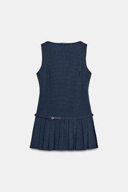 ZARA КОРОТКОЕ ПЛАТЬЕ В СКЛАДКУ В КЛЕТКУ, МОРСКОЙ СИНИЙ