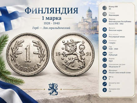 Финляндия 1 марка, 1931 Лев XF