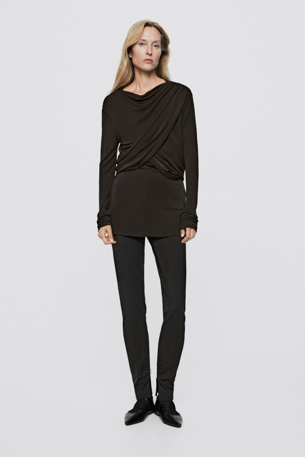 Massimo Dutti Блузка с длинными рукавами и драпировкой - Limited Edition, коричневый