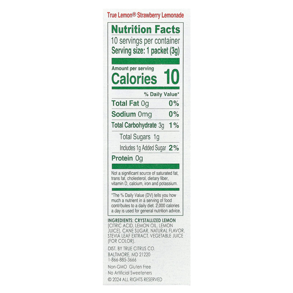 True Citrus, True Lemon, лимонад со вкусом клубники, 10 пакетиков, 30 г