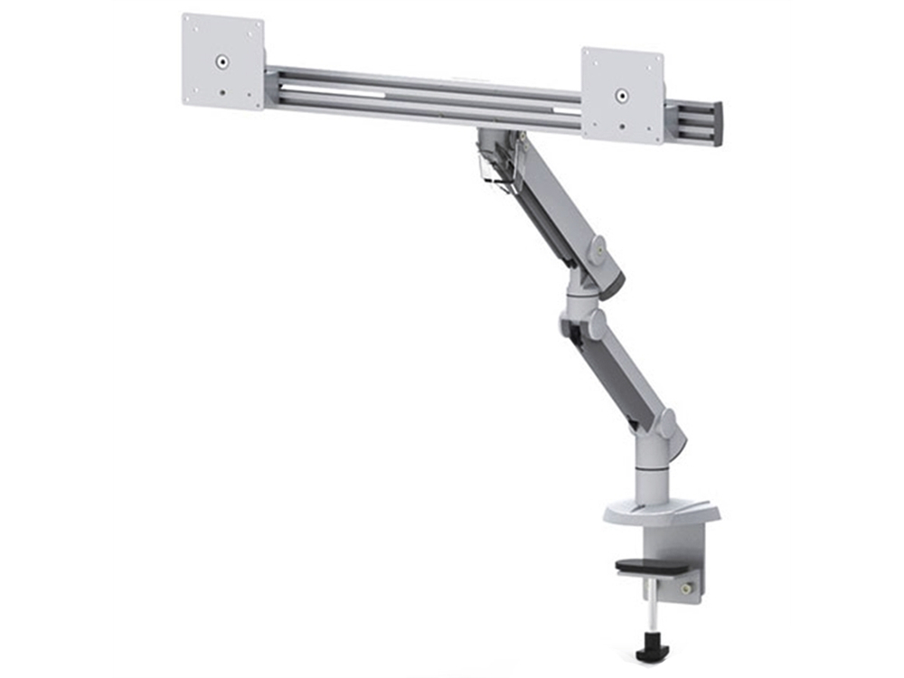 ErgoFount DFST-202DC Шарнирное настольное крепление для 2 мониторов диагональю до 27'' с двухколенным вылетом, газово-пружинным амортизатором и зажимом к столу типа "С". Цвет - серебристый