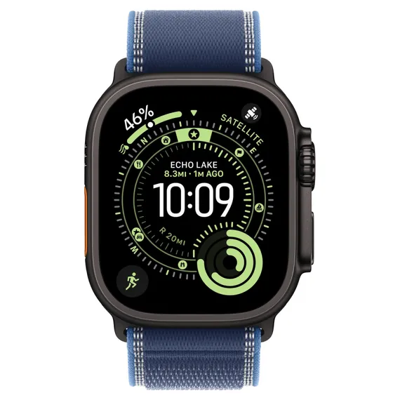 Часы Apple Watch Ultra 3, 2025, 49 мм, титан чёрного цвета, ремешок Trail цвета «синий/ярко-синий»