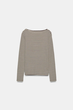 ZARA ФУТБОЛКА С ВЫРЕЗОМ «ЛОДОЧКА», ПОЛОСКИ