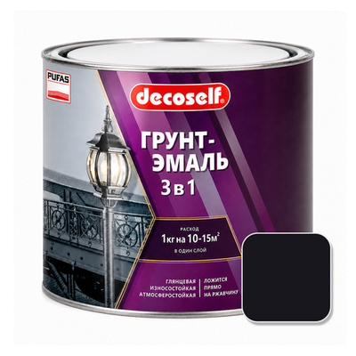 Грунт-эмаль быстросохнущая 3 в 1 PUFAS Decoself Черная глянцевая 1,9 кг