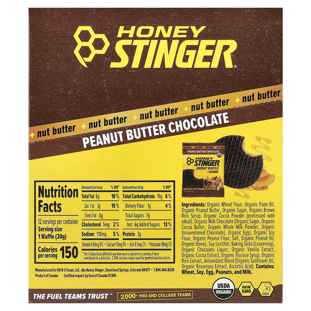 Honey Stinger, Energy, вафли с ореховой пастой, арахисовая паста и шоколад, 12 вафель по 30 г (1,06 унции)