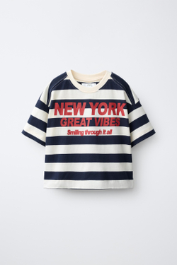 ZARA ФУТБОЛКА В ПОЛОСКУ С ПРИНТОМ NY, ПОЛОСКИ