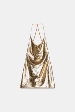 ZARA МИНИ-ПЛАТЬЕ ХАЛТЕР СО СБОРКАМИ И ПАЙЕТКАМИ, МЕДНЫЙ