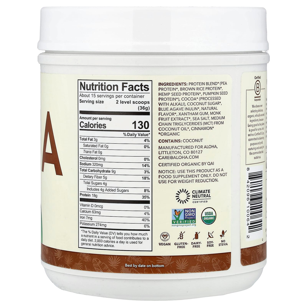 Aloha, Organic Protein Powder, Chocolate, 1 lb 3 oz (540 g)