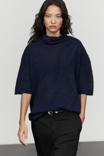 Massimo Dutti Свитер из 100% шерсти с короткими рукавами, чернильно-синий