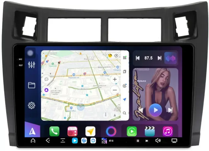 Магнитола для Toyota Vitz 2, Yaris 2 2005-2011 (рамка черная) - FarCar S500-TS20 монитор 9.5" 2K QLED на Android 14, Быстрейшая, CarPlay, 4G SIM-слот