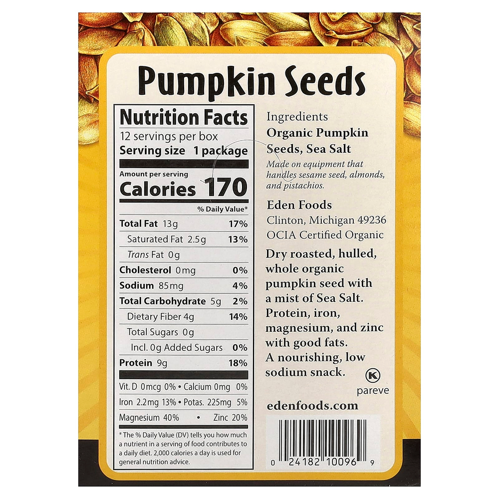 Eden Foods, Card Snacks™, органические семена тыквы, сухой обжарки, 12 пакетиков по 28,3 г (1 унция)