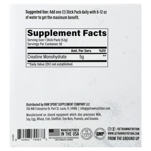 Raw Nutrition, Essentials, моногидрат креатина, без добавок, 30 пакетиков по 5,1 г (0,18 унции)