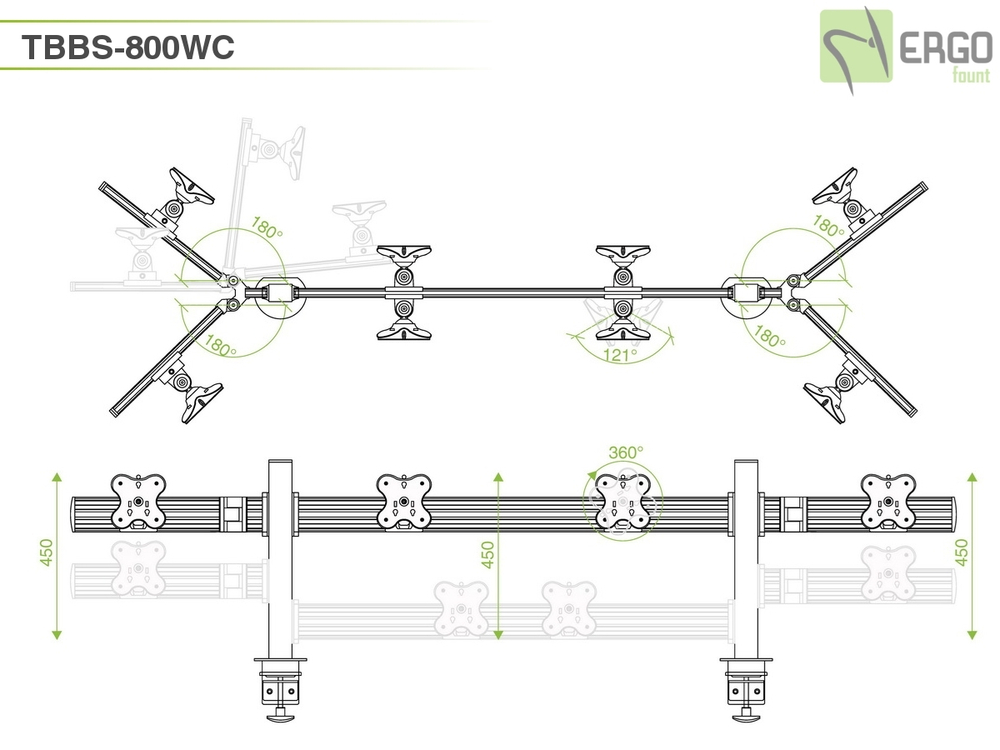 ErgoFount TBBS-800WC Настольное крепление back-to-back для 8 мониторов диагональю до 24'' конфигурации 1х4 с зажимом к столу типа "С". Цвет - серебристый