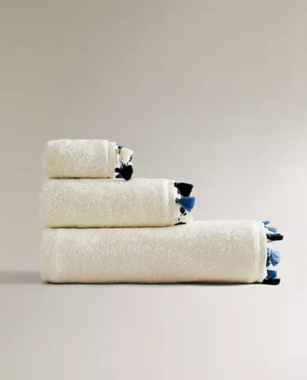 ZARA HOME БАННОЕ ПОЛОТЕНЦЕ С КИСТОЧКАМИ, СИНИЙ