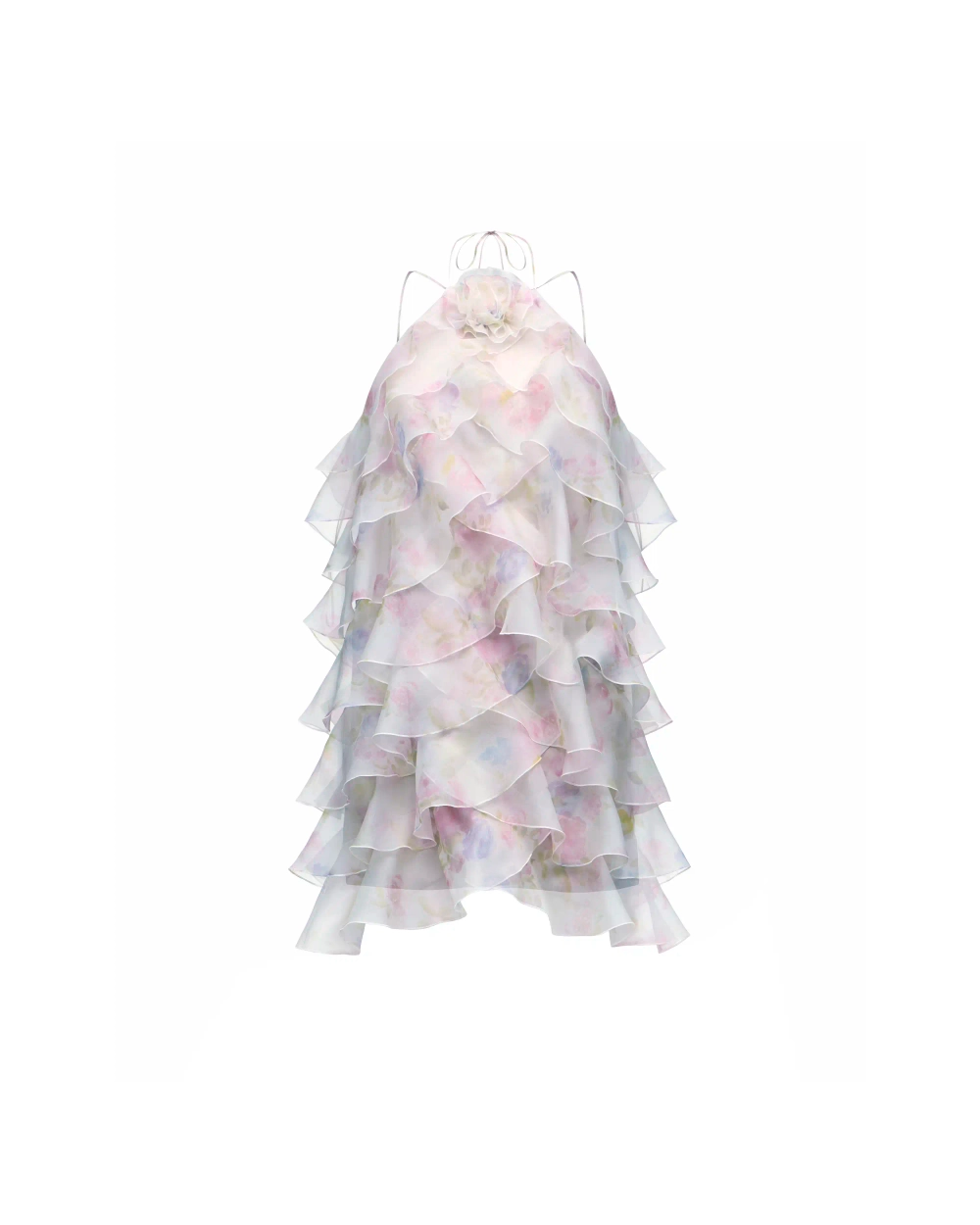 Далия мини (Dahlia mini), платье мини из голубой органзы с цветочным принтом 