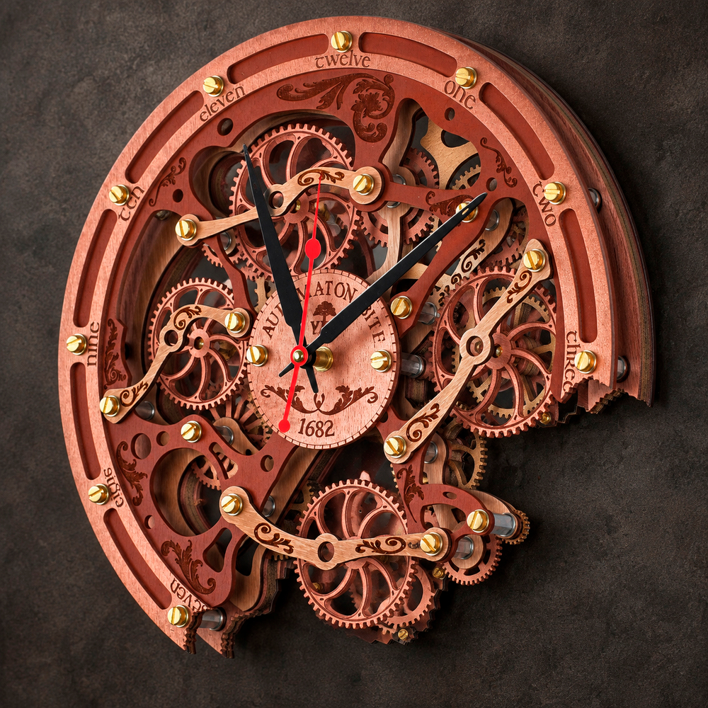 Часы Automaton Bite 1682 на тёмном фактурном фоне, коричнево-медный стимпанк-дизайн с зеркальными и металлическими деталями