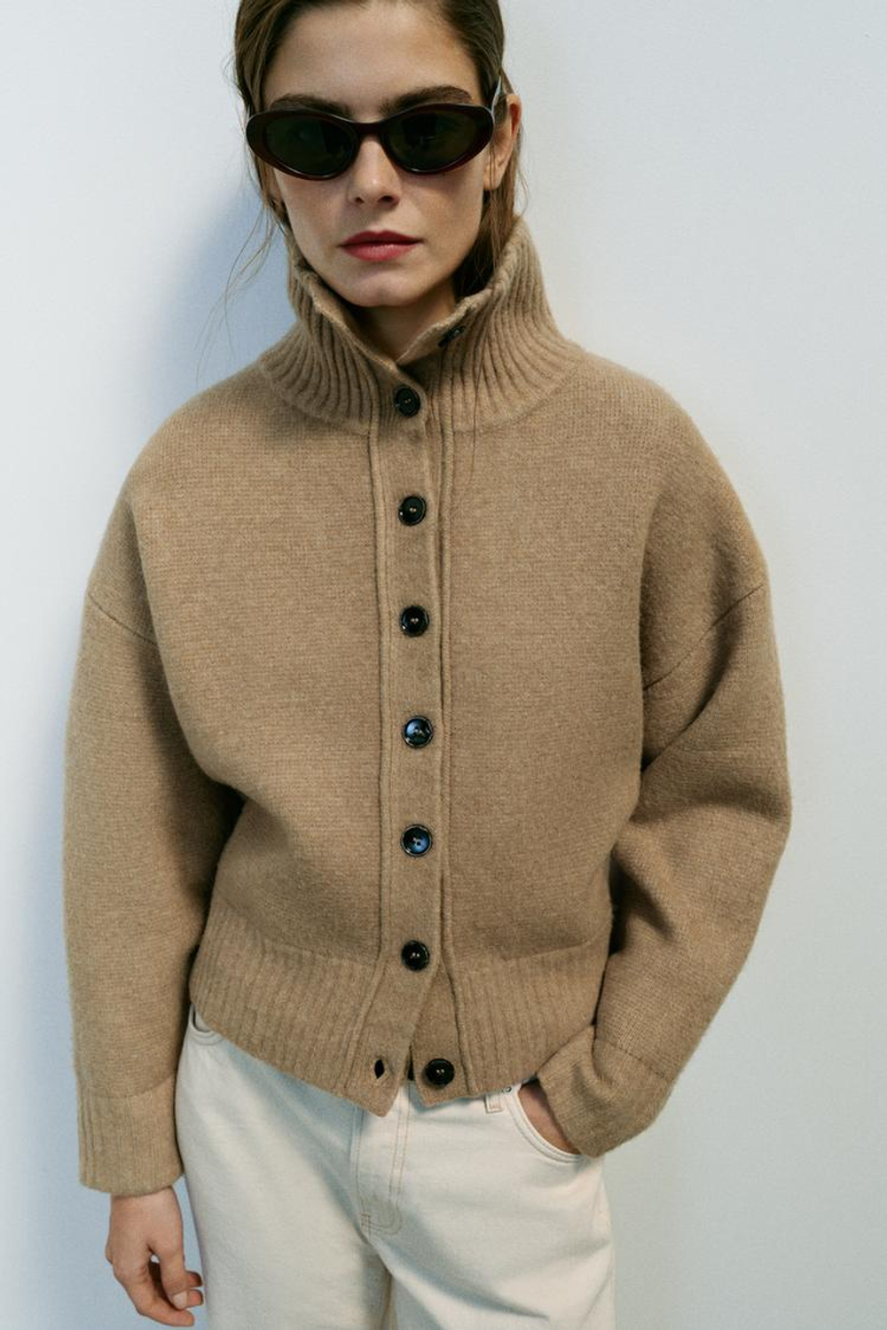 ZARA КАРДИГАН С ВОРОТНИКОМ-СТОЙКОЙ, РЫЖЕВАТО-КОРИЧНЕВЫЙ