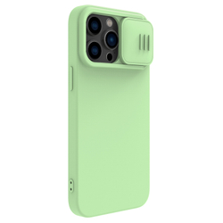 Противоскользящий шелковистый чехол от Nillkin для iPhone 14 Pro Max, серия CamShield Silky Silicone Case с защитной шторкой для камеры, цвет мятно-зеленый Mint Green