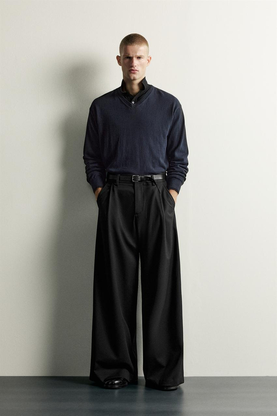 ZARA БРЮКИ WIDE FIT СО СКЛАДКАМИ, ЧЕРНЫЙ