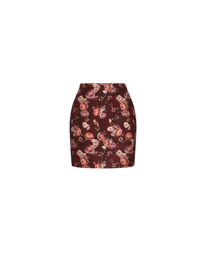 Мона мини (Mona mini), юбка мини из бордового крепдешина с цветами мультицвет