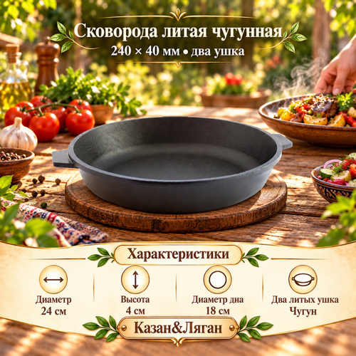 Сковорода литая чугунная 240х40 с двумя ушками Камск
