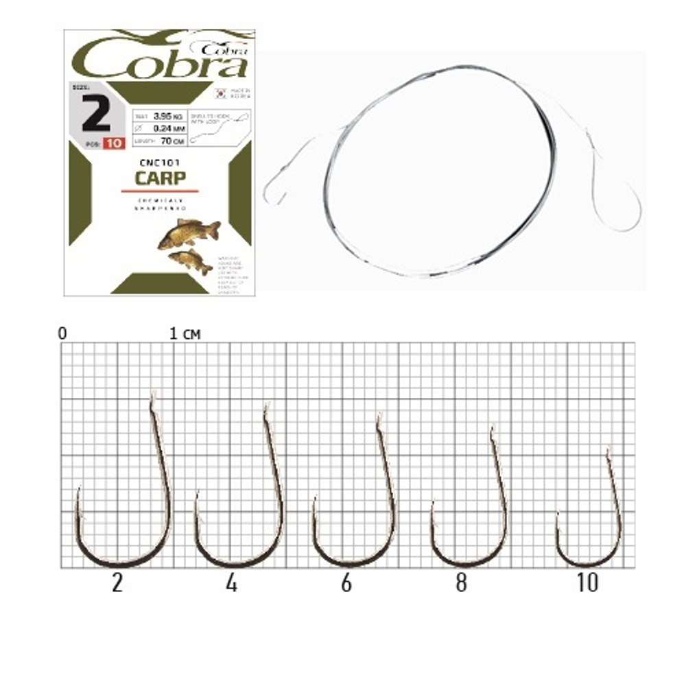 Крючки с поводком Cobra CARP №2, 10 шт. (поводок 70 см, 0,24 мм)