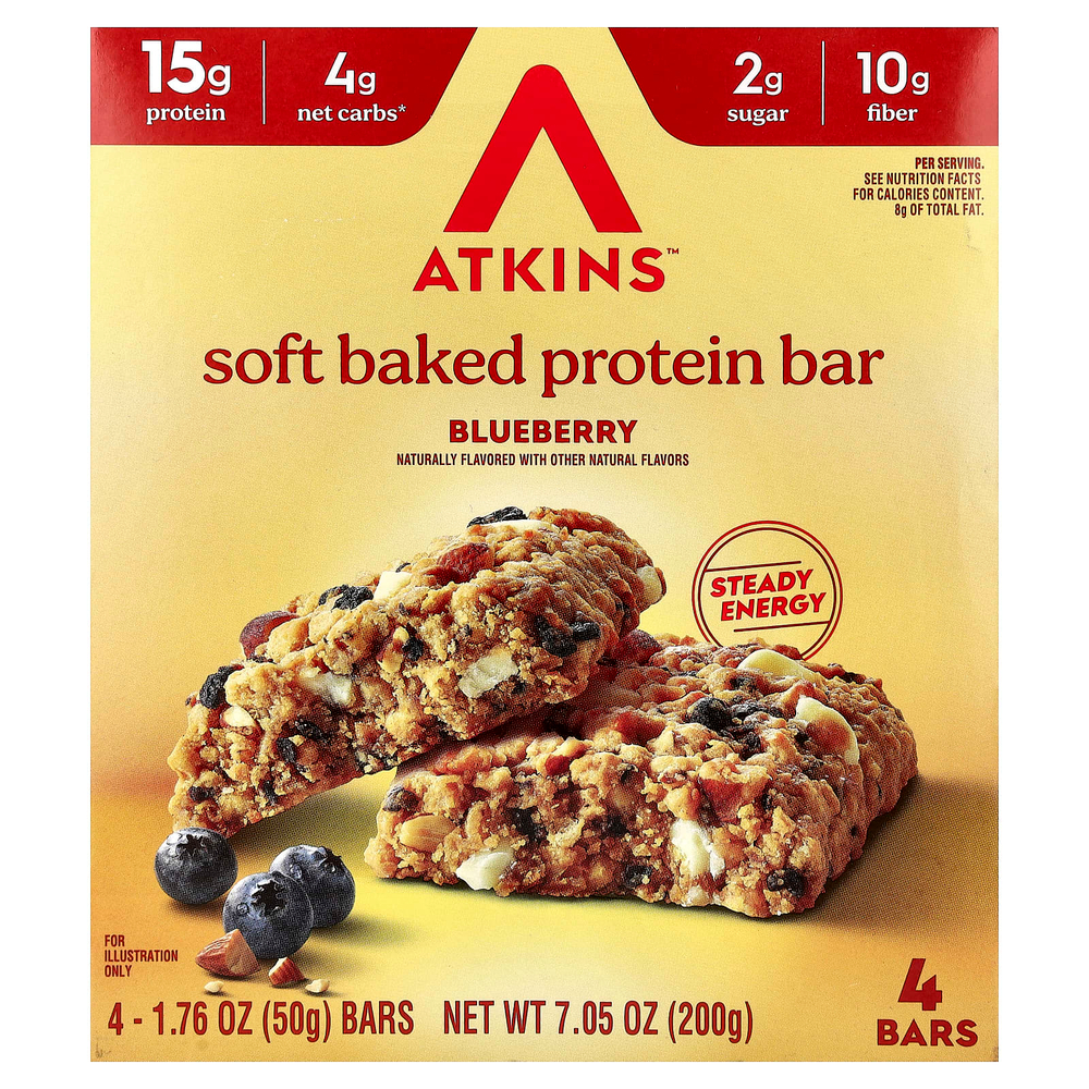 Atkins, запеченный протеиновый батончик, голубика, 4 батончика по 50 г (1,76 унции)
