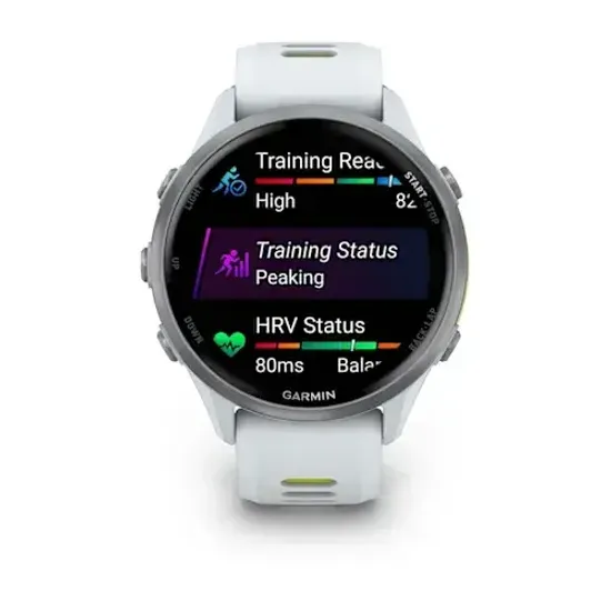 Умные часы Garmin Forerunner 970 с серебристым безелем и желто-белым ремешком