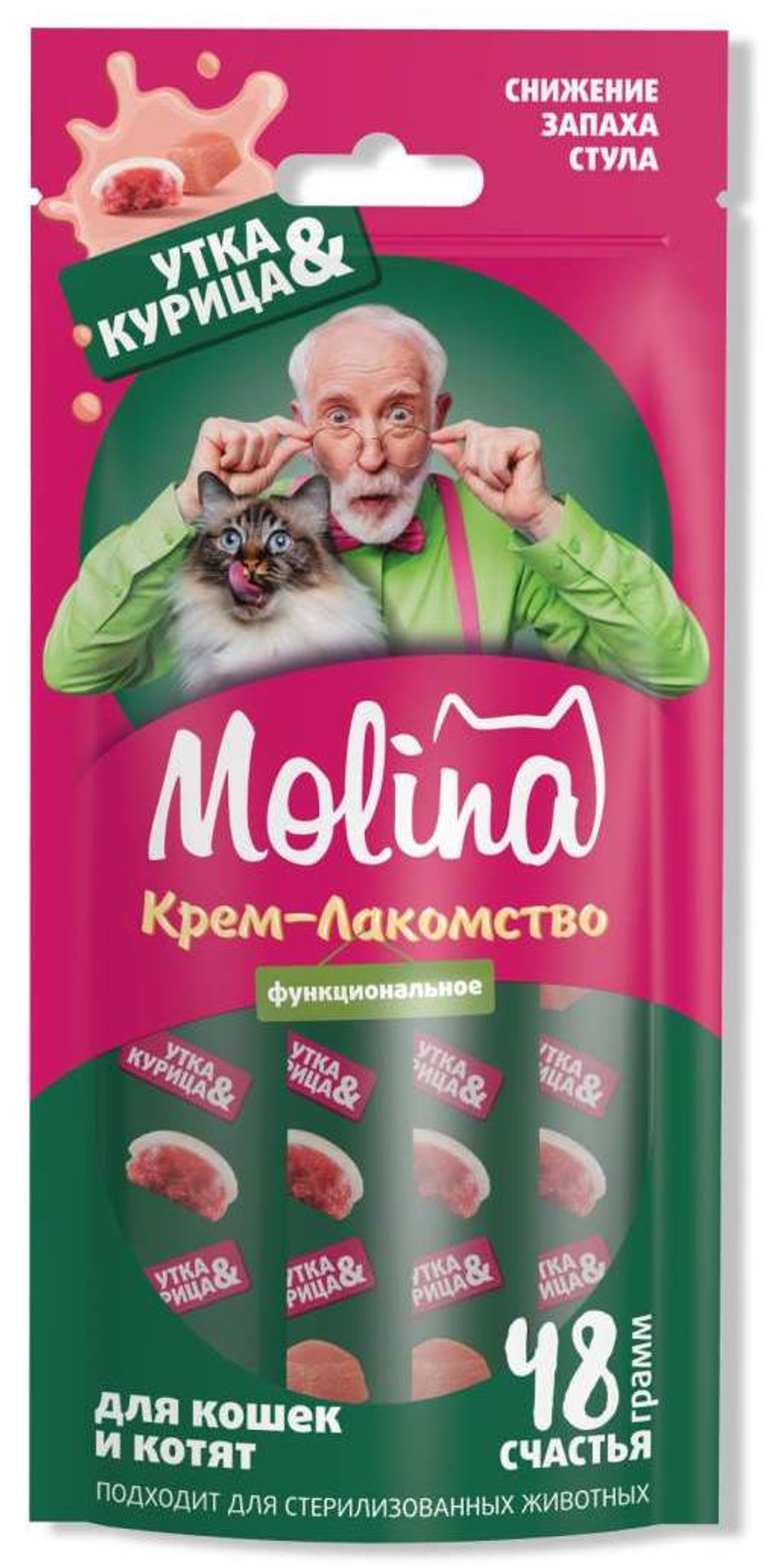 Molina, Функциональное крем-лакомство для взрослых кошек, Утка и курица, 48 гр.
