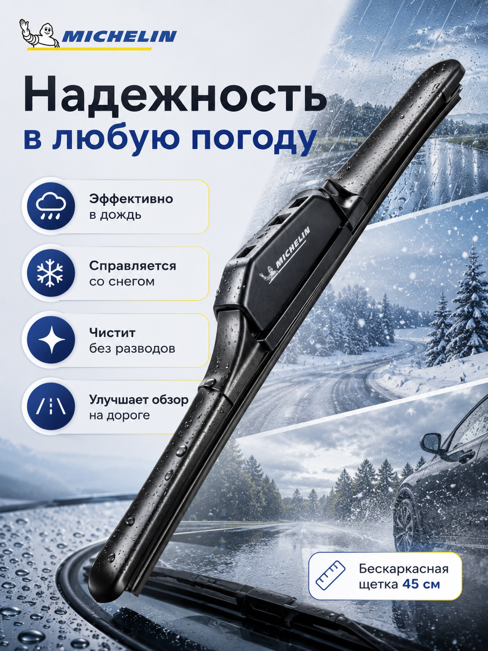 Щетка стеклоочистителя Michelin бескаркасная 45см (5 адапт.) 1шт