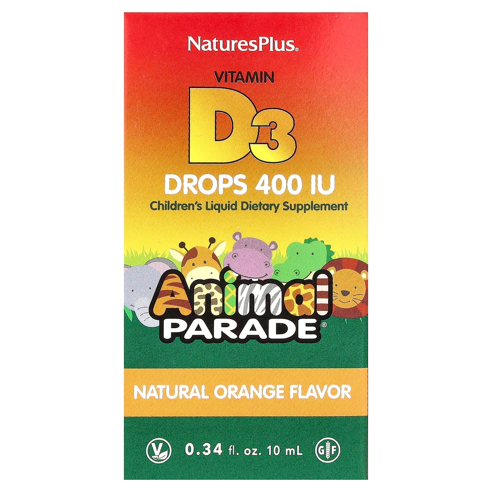 NaturesPlus, Animal Parade®, витамин D3 в каплях, с натуральным апельсиновым вкусом, 10 мкг (400 МЕ), 10 мл (0,34 жидк. унции)