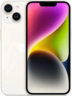 Смартфон Apple A2882 iPhone 14 256Gb 6Gb сияющая звезда моноблок 3G 4G 1Sim 6.1" 1170x2532 iOS 16 12Mpix 802.11 a/b/g/n/ac/ax NFC GPS GSM900/1800 GSM1900 Protect