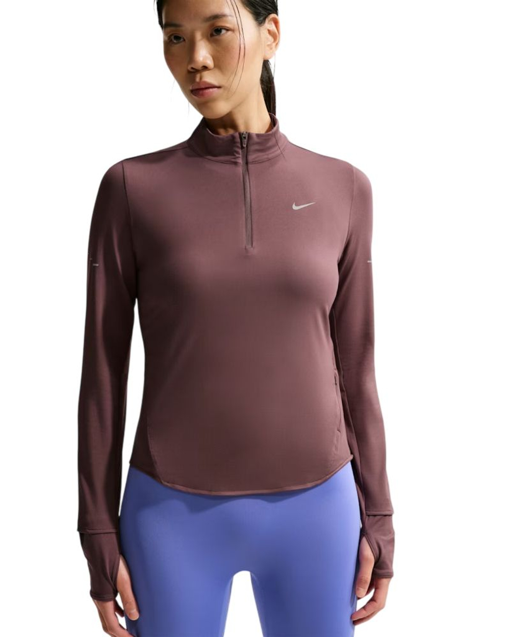 Женская теннисная футболка с длинным рукавом Nike Dri-Fit Swift UV 1/4-Zip Running - brown/reflective silver