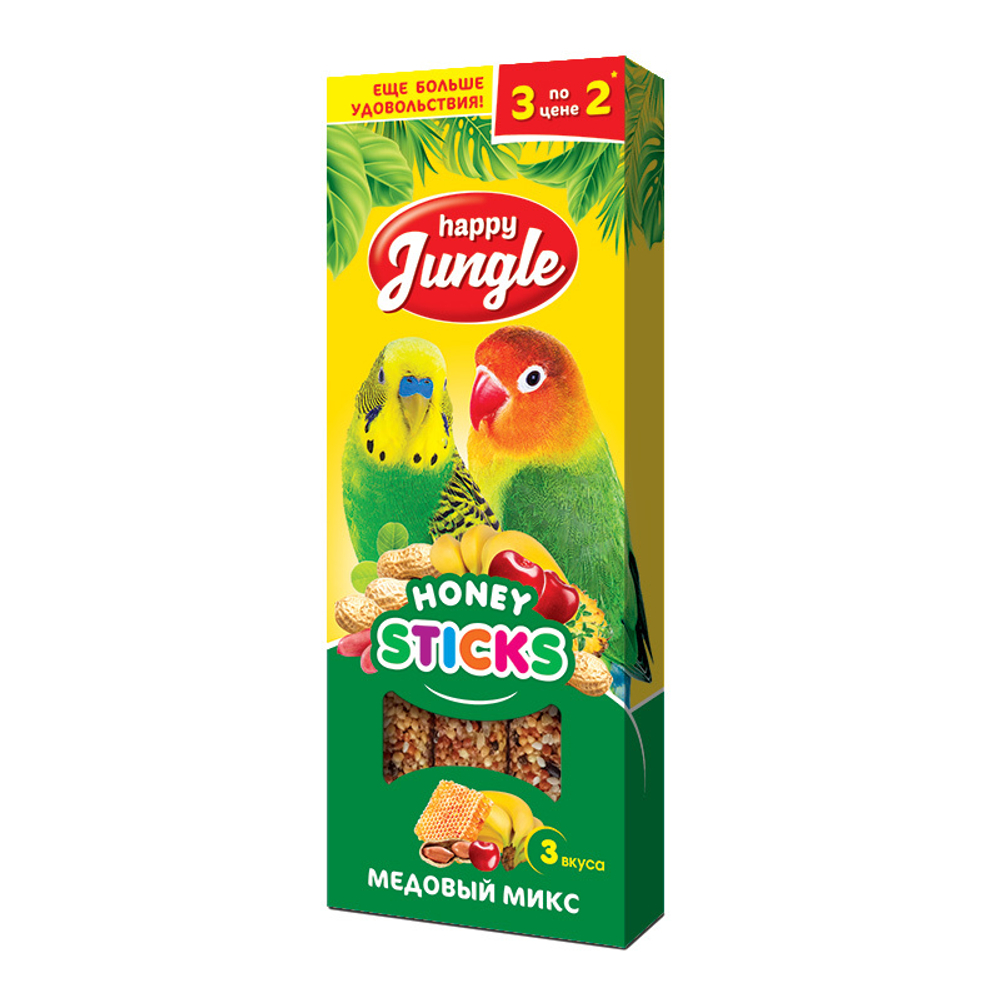 HAPPY JUNGLE Палочки для птиц медовый микс, 90 г