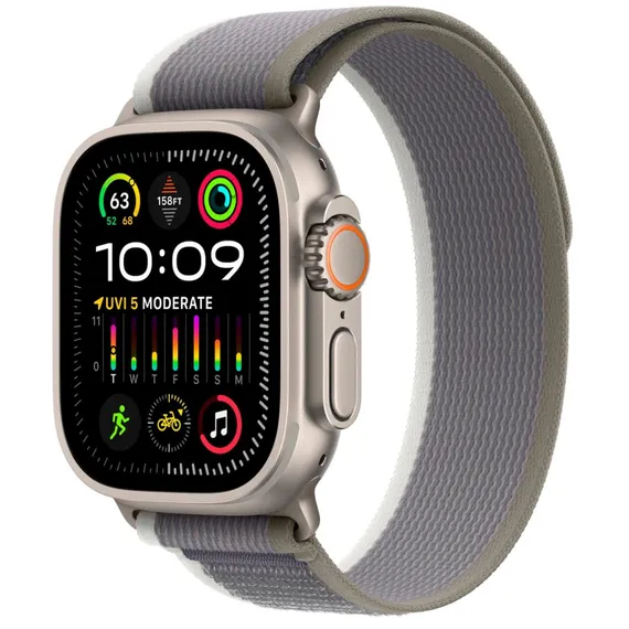 Часы Apple Watch Ultra 2, 2024, 49 мм, титан натурального цвета, ремешок Trail цвета «зелёный/серый»