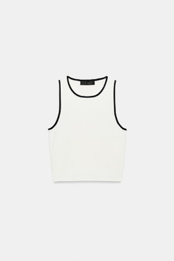 ZARA УКОРОЧЕННЫЙ ТОП С КОНТРАСТНОЙ ОТДЕЛКОЙ, БЕЛЫЙ