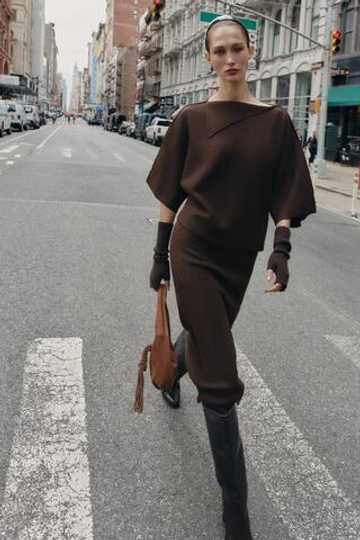 ZARA ТРИКОТАЖНАЯ ЮБКА МИДИ, КОРИЧНЕВЫЙ