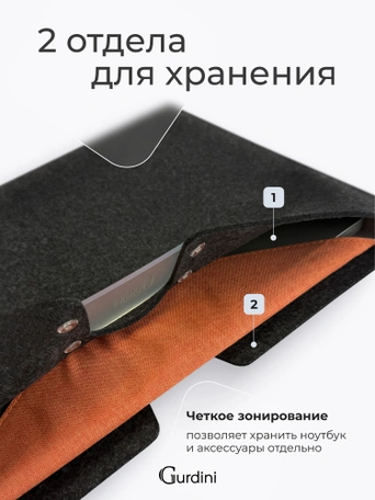 Конверт Gurdini Felt Envelope for Macbook Air 13.3 / 13.6 / Pro 13 / Neo Серый