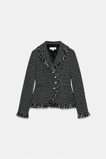 ZARA БЛЕЙЗЕР ИЗ ТЕКСТУРИРОВАННОЙ ТКАНИ С НЕОБРАБОТАННЫМ КРАЕМ, ЧЕРНЫЙ/БЕЛЫЙ
