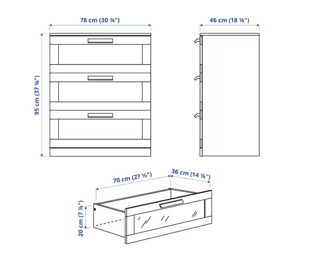Комод с 3 ящиками Ikea Brimnes матовое стекло, белый