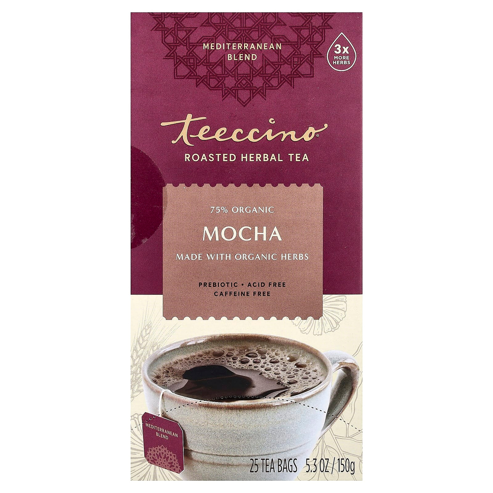 Teeccino, Жареный травяной чай, мокко, без кофеина, 25 чайных пакетиков, 150 г (5,3 унции)